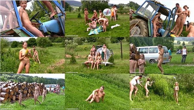 Family naturism video in nature - Grassy outdoor fitness