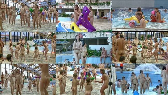 Young and adult nudists in the water park video